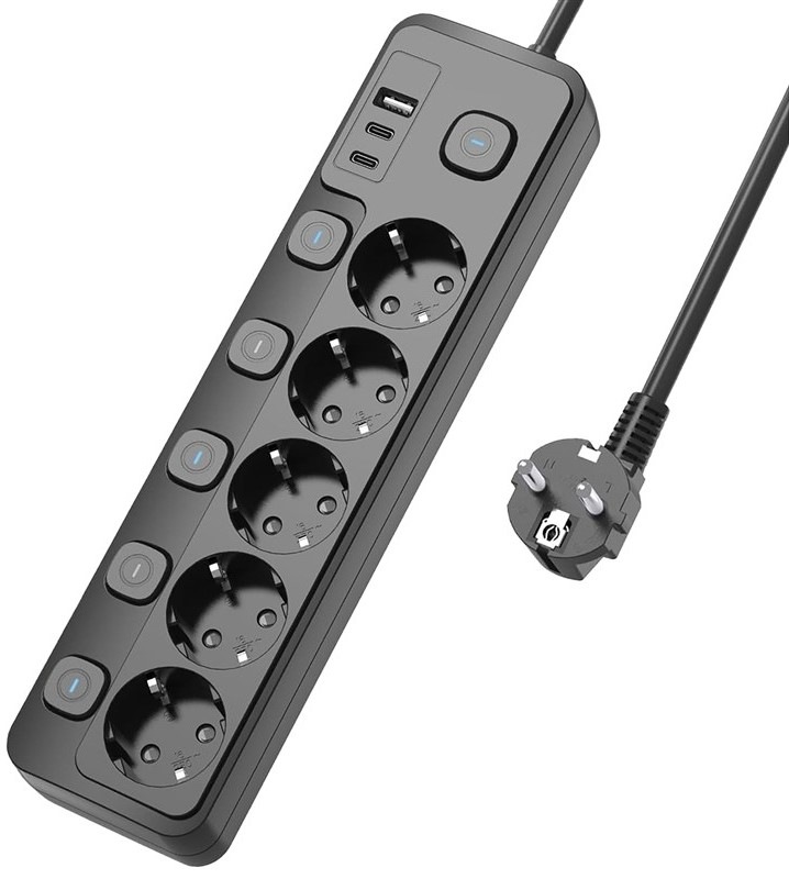 Kábel predlžovací Viking 5× zásuvka, 1× USB, 2× USB-C, 1,5m - čierny