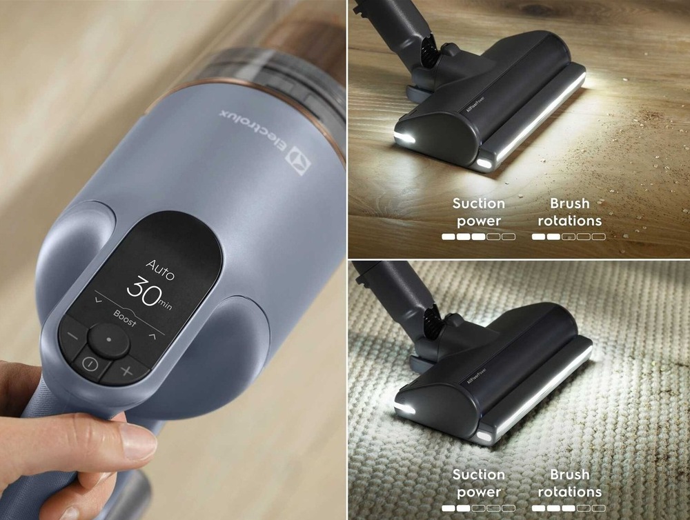 Ovládací LCD panel vysávača Electrolux. Vpravo nad sebou znázornenie prispôsobenia výkonu podľa typu podlahy - tvrdá podlaha, koberec.