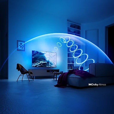 Televízor Philips 75PQS7801 Znázornenie priestorového zvuku Dolby Atmos v obývacej izbe