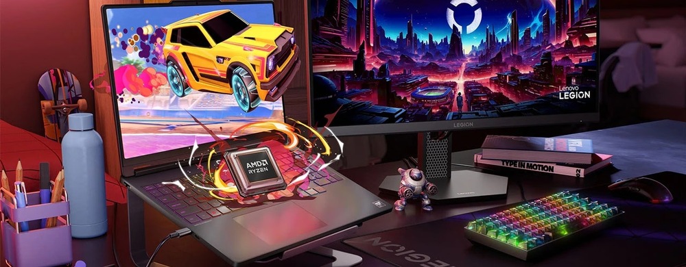 Herný notebook Lenovo Legion 5a na stole prepojený s monitorom a vizualizácia procesora AMD Ryzen nad klávesnicou
