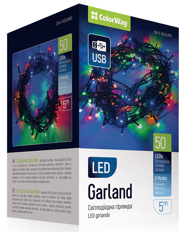 Vianočné osvetlenie ColorWay vnútorné, 50 LED, USB, 5m, viacfarebné
