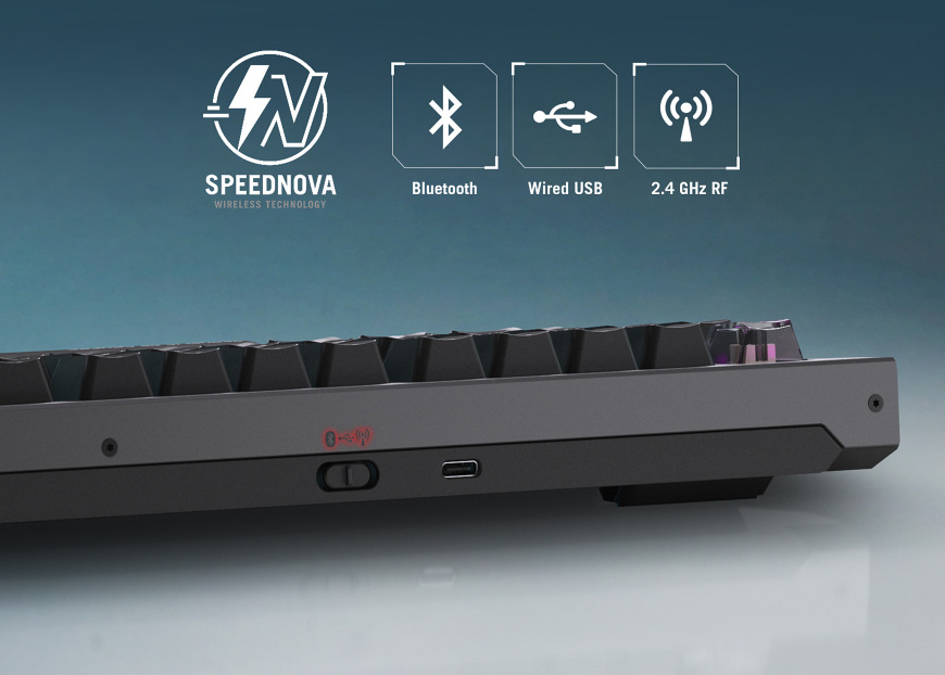 Klávesnica Asus ROG Strix Morph 96 WL US čierna Možnosti pripojenia cez Bluetooth, USB-C a 2,4GHz bezdrôt