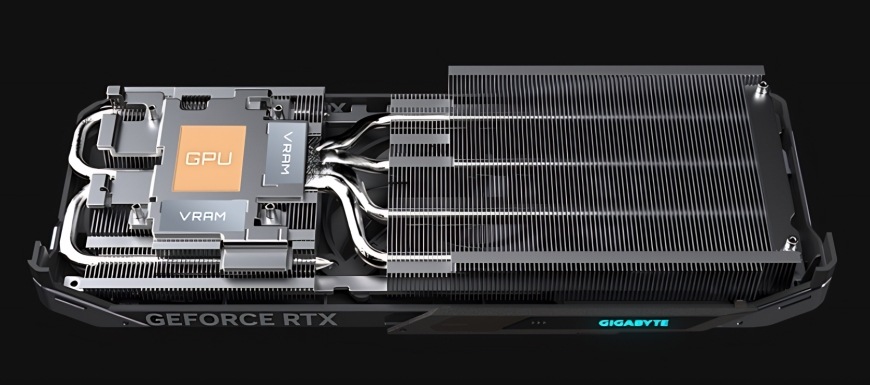 Detail chladiča grafickej karty GIGABYTE RTX 5060 GAMING OC s heatpipe trubicami