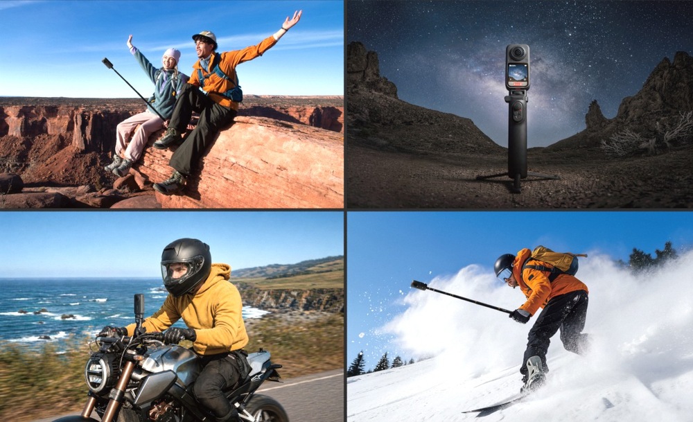 Outdoorová kamera Insta360 X6 Essentials Bundle čierna Dvojica cestovateľov na vyhliadke, kamera Insta360 X6 na statíve pod hviezdnou oblohou, motorkár pri pobreží a lyžiar pri jazde v prašane