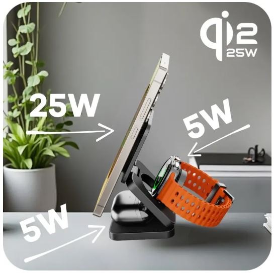 Bezdrôtová nabíjačka Cubenest SQ312S Pro 3v1, Qi2.2 pre Samsung sivá Detail nabíjačky Cubenest SQ312S Pro s mobilným telefónom