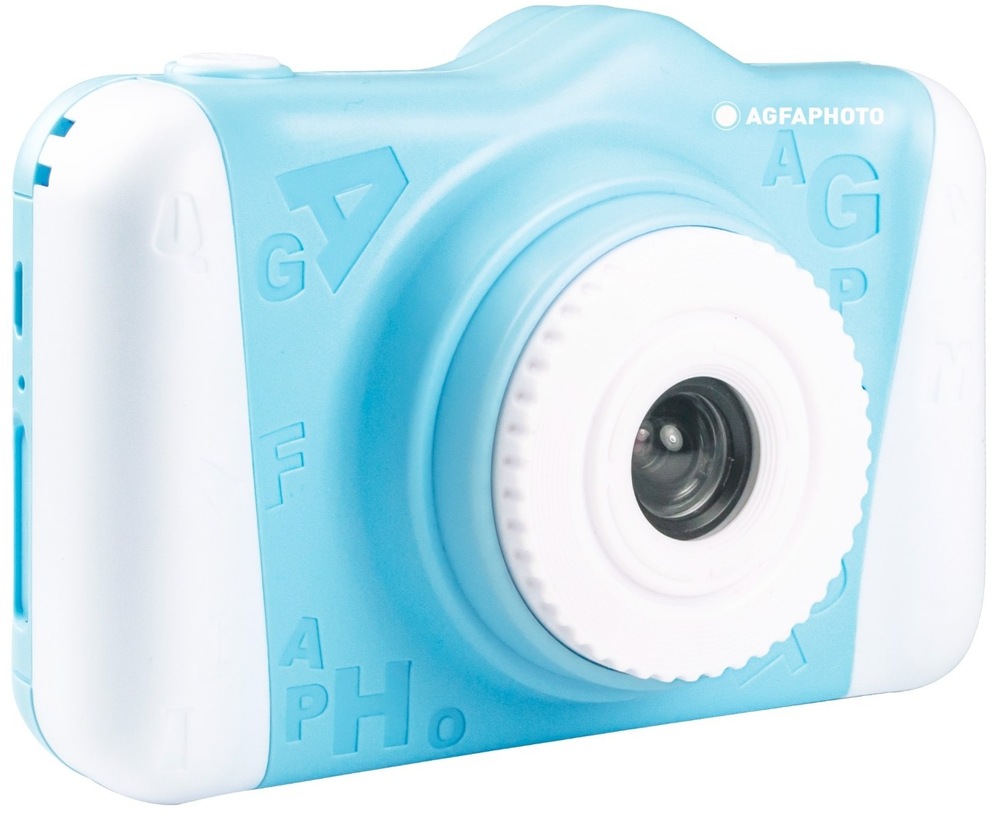 Digitálny fotoaparát AgfaPhoto Realikids Cam 2 modrý Predný pohľad na objektív detského fotoaparátu AgfaPhoto Realikids Cam 2.