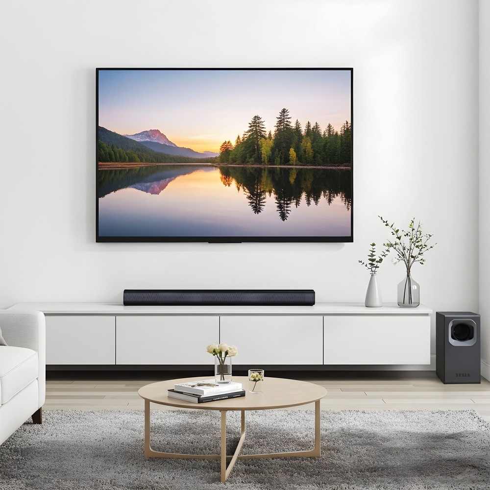 Moderná obývačka so soundbarom TESLA PrimeSound HQ-995X aj subwooferom bez jediného viditeľného kábla