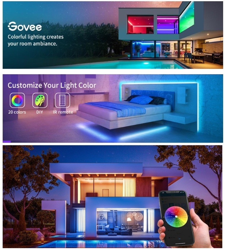 Jednotlivé miestnosti domu nasvietené pomocou LED pásikov Govee RGB LED strip Light Smart