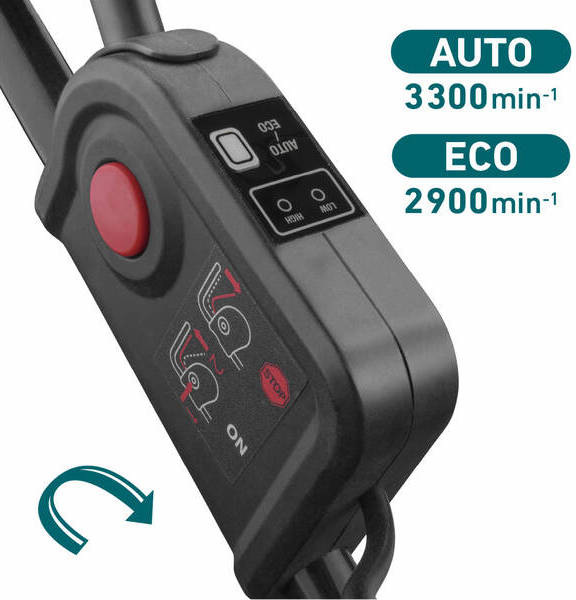 Kosačka EXTOL Industrial 8791903 (bez baterie) Ovládací panel aku kosačky EXTOL Industrial s tlačidlom štartu a prepínačom režimov ECO 2900 ot./min a AUTO 3300 ot./min