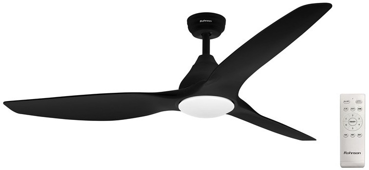 Stropný ventilátor Rohnson s tromi lopatkami a LED osvetlením, s diaľkovým ovládaním.