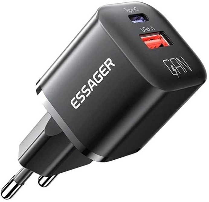 Nabíjačka do siete Essager 20W, GaN, USB-C, USB-A v čiernej farbe