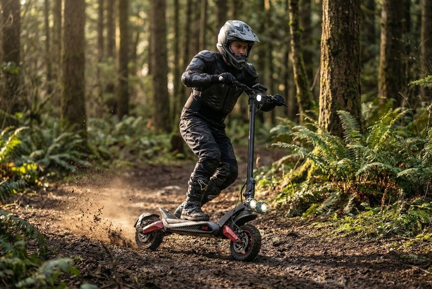 Elektrická kolobežka Sencor SCOOTER X40 čierna Elektrická kolobežka Sencor SCOOTER X40 pri dynamickej jazde po lesnom terénnom chodníku.