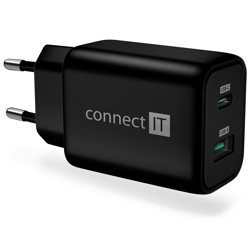 Nabíjačka do siete Connect IT Wanderer2 GaN, 1× USB-C + 1x USB-A, 33W PD čierna