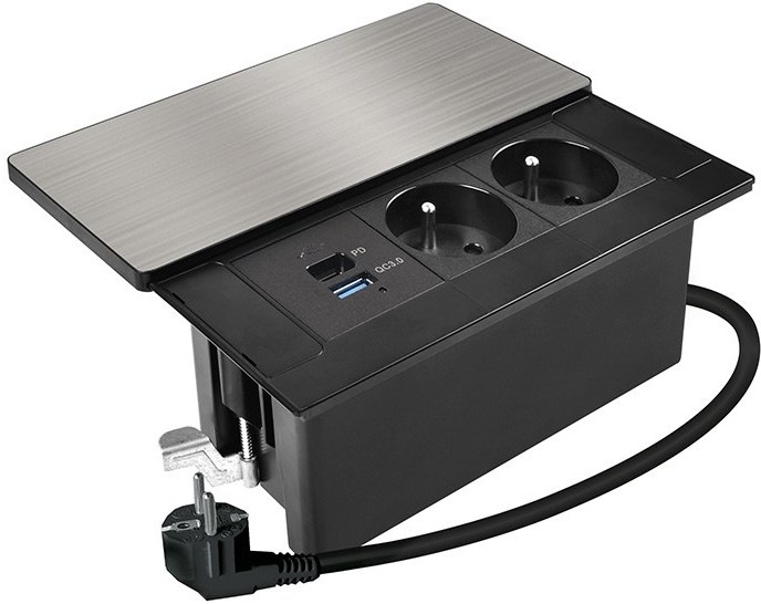Zásuvkový modul Solight 2 zásuvky, USB-A, USB-C, PD 20W s posuvným krytom a 2metrovým káblom
