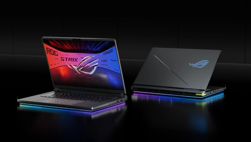 Dva laptopy ASUS ROG Strix G16 s RGB podsvietením zvýrazňujúcim herný vzhľad