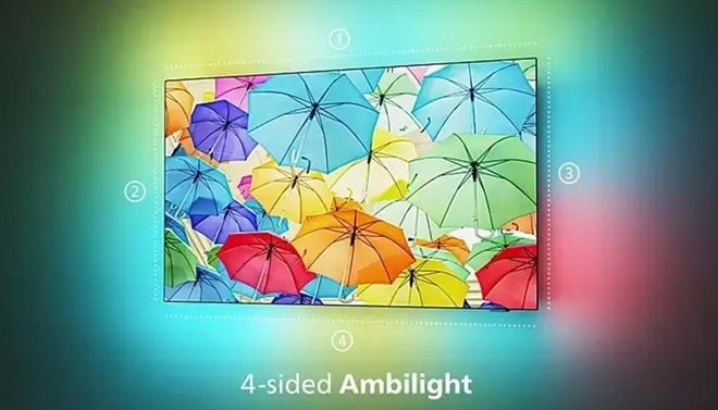Televízor Philips 77OLED951 Čelný pohľad na televíziu Philips OLED951 so štvorstranným farebným podsvietením Ambilight