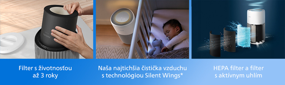 Tri obrázky s filtrom a čističkou vzduchu Philips AC2220/10 2000 Series v spálni so spiacim dieťaťom