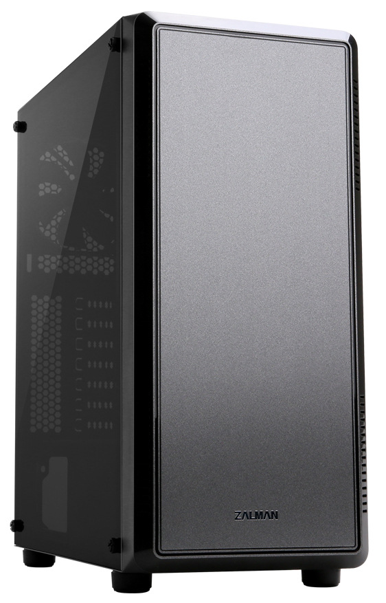 Case Zalman S4 čierna/strieborná Na obrázku je PC skriňa Zalman S4, čierna/strieborná z čelného šikmého pohľadu. Dominantný je veľký hladký strieborný predný panel orámovaný čiernym rámom, dole s nápisom ZALMAN. Na ľavej strane je tmavá priehľadná bočnica, cez ktorú len ľahko presvitajú vnútorné výrezy na ventiláciu a sloty. Po pravom okraji predného panelu je vidieť úzka vetracia mriežka na prívod vzduchu. Skriňa stojí na nízkych nôžkach.