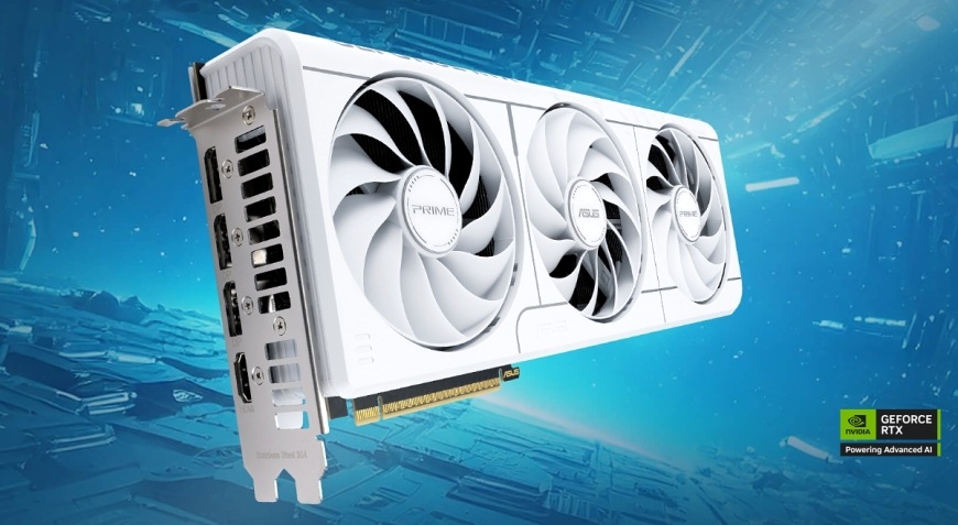 Grafická karta Asus Prime GeForce RTX 5070 OC White 12G biela Asus Prime GeForce RTX 5070 OC White 12G prezentovaná v hernom prostredí s logom NVIDIA GeForce RTX Powering Advanced AI