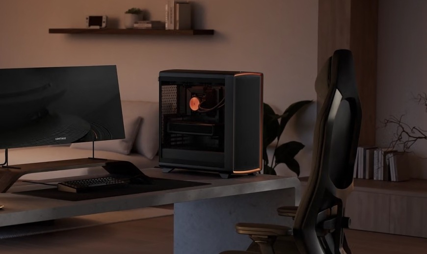 Case FRACTAL DESIGN Summit Ambience Blackout TG Light Tint čierna FRACTAL DESIGN Summit Ambience Blackout TG Light Tint v hernej zostave s oranžovo nasvieteným predným panelom