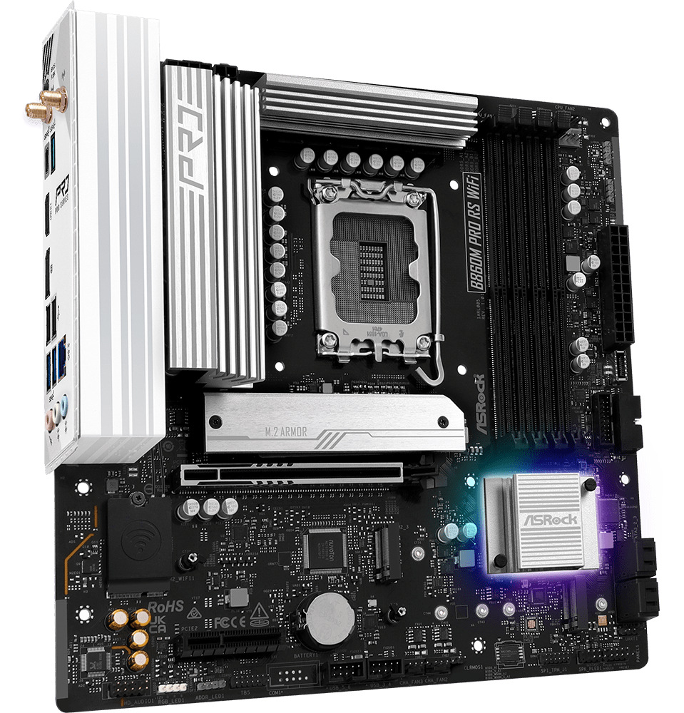 Základná doska ASRock B860M Pro RS WiFi Základná doska ASRock B860M Pre RS WiFi v čierno-bielom prevedení s podporou procesorov Intel a DDR5