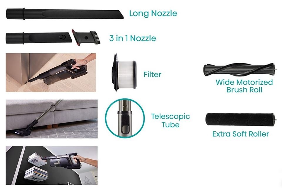 Tyčový vysávač Hisense HVC646630A Hi-Move VI Adapt InverterTech čierny hubica k vysávaču Hisense HVC646630A, ktorými možno vysavať rôzne miesta a povrchy.