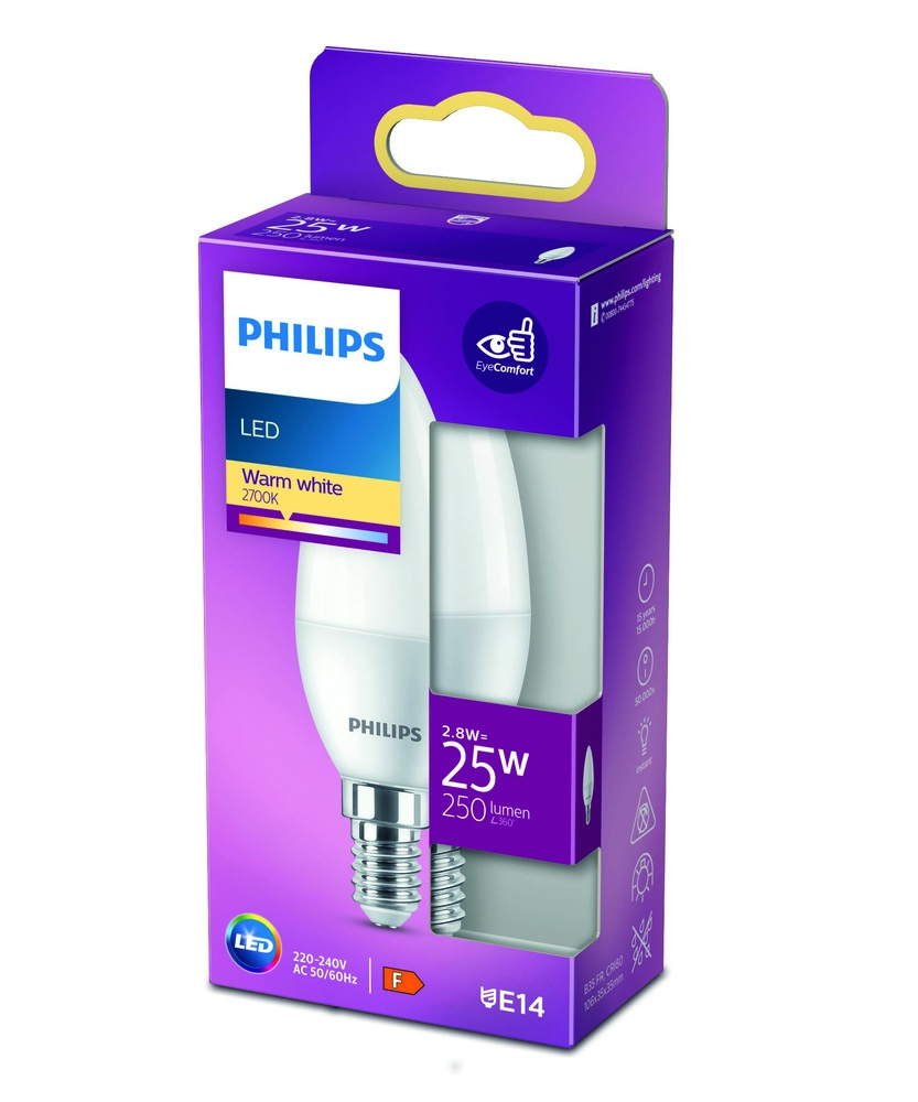 LED žiarovka Philips sviečka, 2,8W, E14, teplá biela