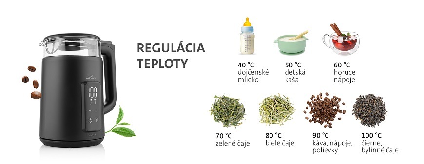 Rýchlovarná kanvica ETA Elena 9595 90000 čierna/sklo Dvojplášťová kanvica ETA Elena, nastavenie teploty