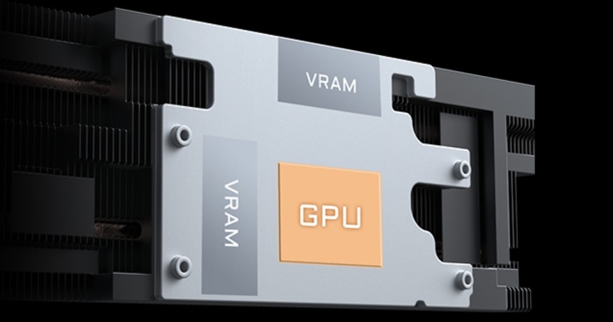 Grafická karta GIGABYTE GeForce RTX 5060 OC Low Profile 8G Detail základne chladiča grafickej karty GIGABYTE RTX 5060 OC s kontaktmi pre VRAM a GPU