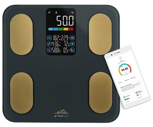 Tmavosivá diagnostická osobná váha ETA Vital Gym so štyrmi zlatými elektródami, veľkým farebným LED displejom a prepojením s mobilnou aplikáciou na smartfóne