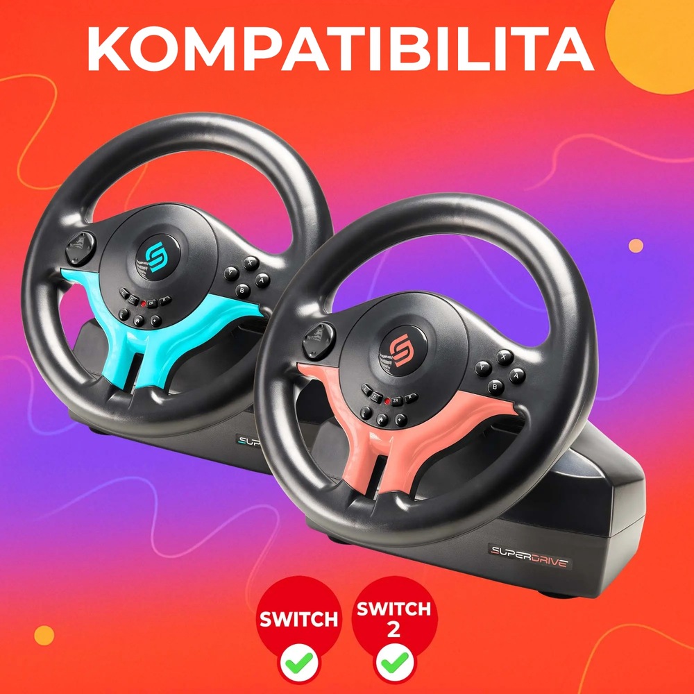 Dva herné volanty, jeden s modrými akcentmi a druhý s červenými, sú umiestnené na žiarivom gradientnom pozadí. Pod nimi je zobrazený text „KOMPATIBILITA“ a ikony Switch a Switch 2.