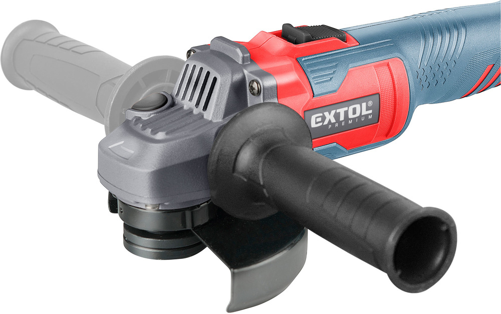 Uhlová brúska akumulátorová Extol Premium 8891838 (s baterií) Detail prednej časti brúsky s ochranným krytom kotúča a ergonomickou rukoväťou.