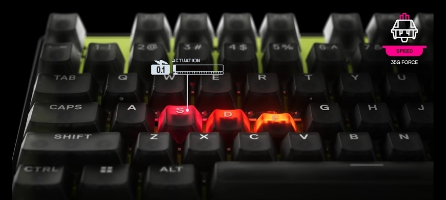 Klávesnica SteelSeries Apex Pro TKL Gen 3 Cyber - US čierna Detail kláves s ukazovateľom aktivácie 0,1 mm a označením spínačov Speed s 35g silou