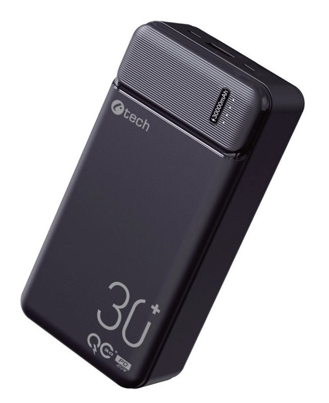 Powerbank C-Tech 30000 mAh, Li-Pol, 20W, USB-C/USB-A/micro USB čierny