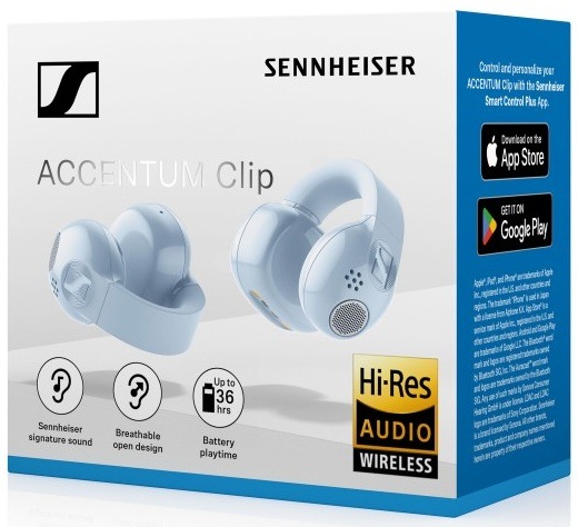 Krabica slúchadiel Sennheiser Accentum Clip s vyobrazením funkcií a výdrže batérie.