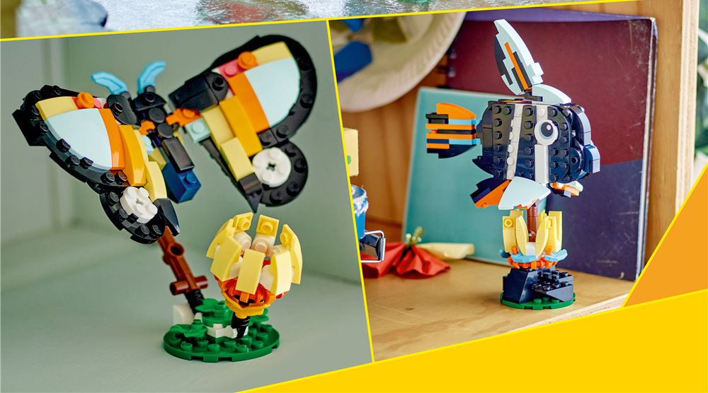 Stavebnica LEGO® Creator 3 v 1 31173 Divoké zvieratá: Tropický tukan Farebný tukan, motýľ a ryba ponúkajú tri rôzne modely s pohyblivými časťami a charakteristickými detailmi.