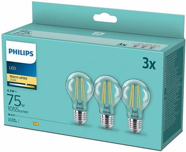 LED žiarovka Philips klasik, 8,5 W, E27, teplá biela, 3ks