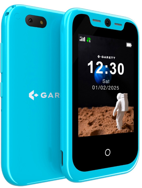 Šikmý pohľad na detský telefón Garett Smartphone OneKid v modrej farbe z oboch strán