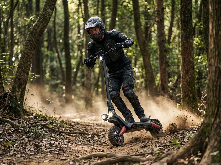 Elektrická kolobežka Sencor SCOOTER X70 čierna Elektrická kolobežka Sencor SCOOTER X70 pri dynamickej jazde po lesnom terénnom chodníku.