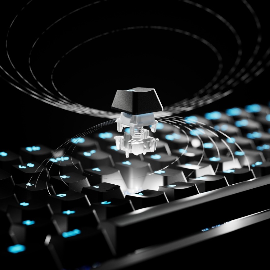 Detail spínača klávesnice Logitech PRO X2 Rapid nad podsvietenými klávesmi