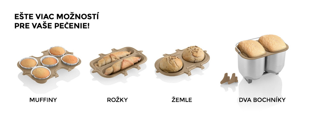 Dokúpiteľné príslušenstvo k domácej pekárni ETA Duplica II Origin: formy na pečenie na muffiny, rožky, žemle a špeciálna dvojkomorová forma na dva chleby súčasne. Rozširujúci set pre domáce pečenie
