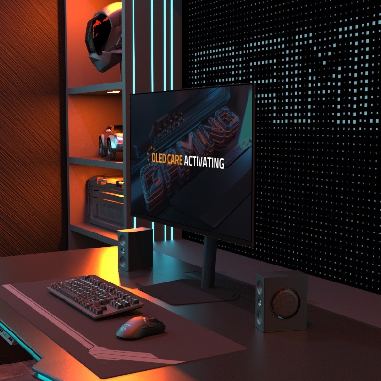 Herný monitor GIGABYTE MO27Q2A čierny Futuristická herná zostava s podsvieteným monitorom zobrazujúcim „OLED Care Activating“. Stôl má klávesnicu, myš a reproduktory a je zasadený do tmavej miestnosti s technologickou tematikou.