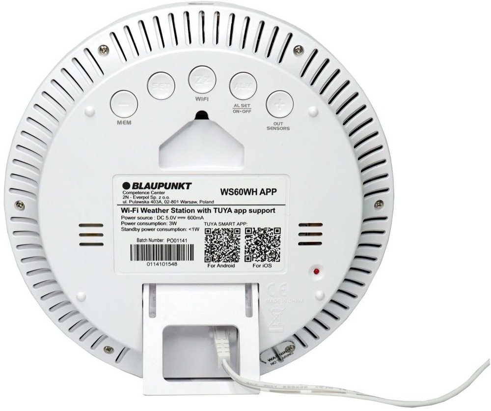 Meteorologická stanica Blaupunkt WS60WH APP biela Meteostanica Blaupunkt WS60WH APP zo zadnej strany