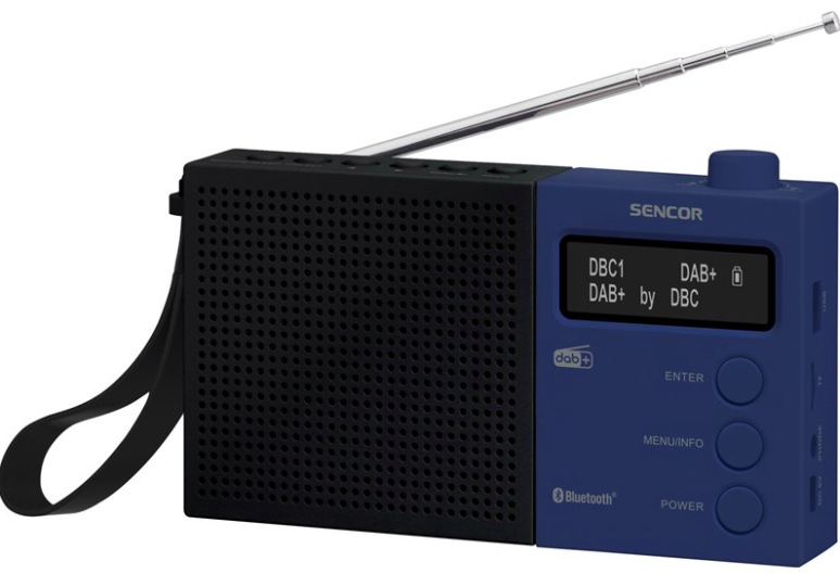 Rádioprijímač DAB+ Sencor SRD 7760BB v modro-čiernom prevedení s teleskopickou anténou a LCD displejom