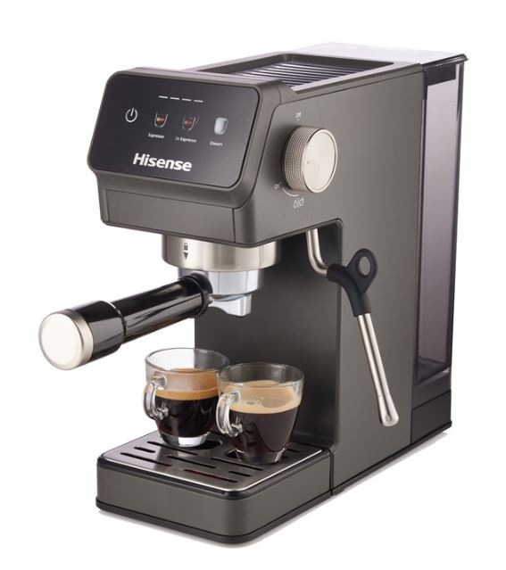 Espresso Hisense HESCM20LP antracitová farba pákový kávovar Hisense HESCM20LP v antracitovom prevedení, natočený z boku, pripravil espresso