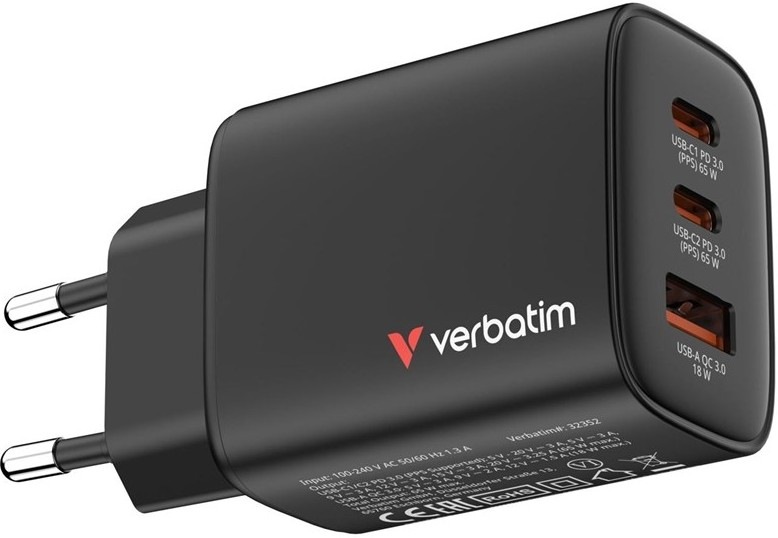 Nabíjačka do siete Verbatim Essentials 65W, 2×USB-C PD, 1×USB-A QC - čierna