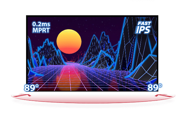 Herný monitor IIYAMA G-Master G2471HS-B1 čierny Štylizovaná digitálna krajina so živým západom slnka nad mriežkovým terénom, s horami v pozadí a farebnými geometrickými vzormi. Displej zobrazuje špecifikácie vrátane „0,2 ms MPRT“ a „FAST IPS“ spolu s meraním 89°.