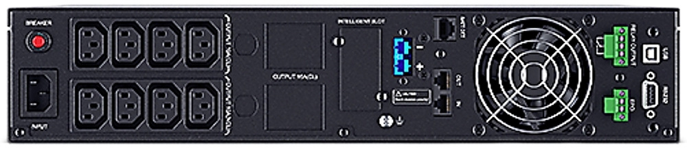 Záložný zdroj CyberPower Professional Advanced OnLine S 1000VA/900W,2U čierny Na obrázku je zadný panel UPS CyberPower s 8 výstupnými zásuvkami IEC C13 pre pripojenie zariadenia. Vľavo je istič a vstupný napájací konektor, uprostred komunikačné a rozširujúce porty a vpravo veľký chladiaci ventilátor, USB, RS232 a zelené svorky pre ďalšie pripojenie. Panel pôsobí technicky a je určený na profesionálne nasadenie.