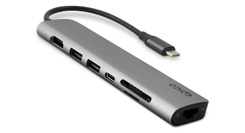 USB Hub Epico 7in1 Multimedia 8K USB-C/1× USB-C, 2× USB 2.0, HDMI, LAN, microSD, SD sivý USB Hub Epico 7in1 Multimedia 8K USB-C/1x USB-C, 2x USB 2.0, HDMI, LAN, microSD, SD - šedý