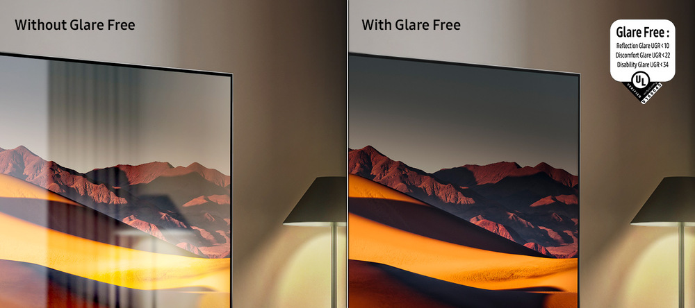 Televízor Samsung 115" Micro RGB MRE115MR95F Porovnanie obrazoviek s minimalizáciou odleskov Glare Free a bez Glare Free